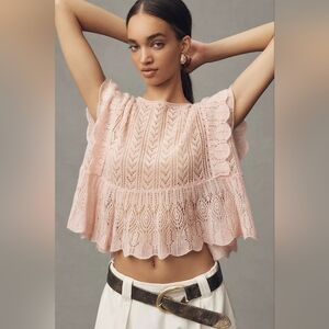 Anthropologie Cashmere Flutter-Sleeve Pointelle Cashmere Sweater Tee in pink M
